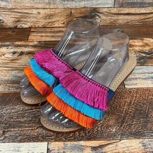 Mystique Caracas Slide Sandals Women's 9 Leather Fringe Shoe Summer Unique Fun